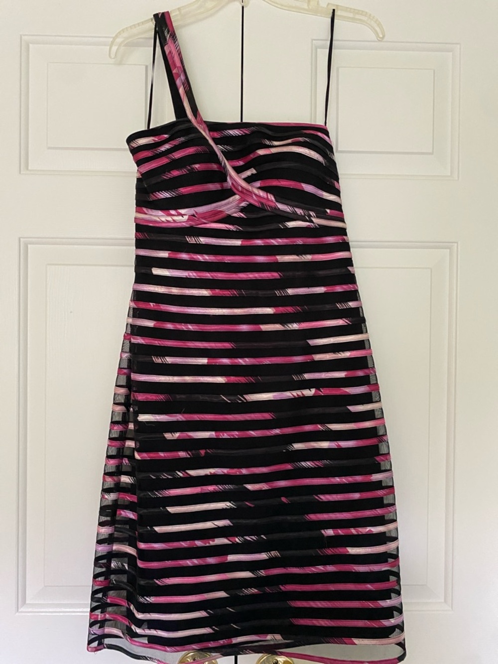 JS Collections Black and Pink Shadow One-Shoulder Satin Party Dress - size 10